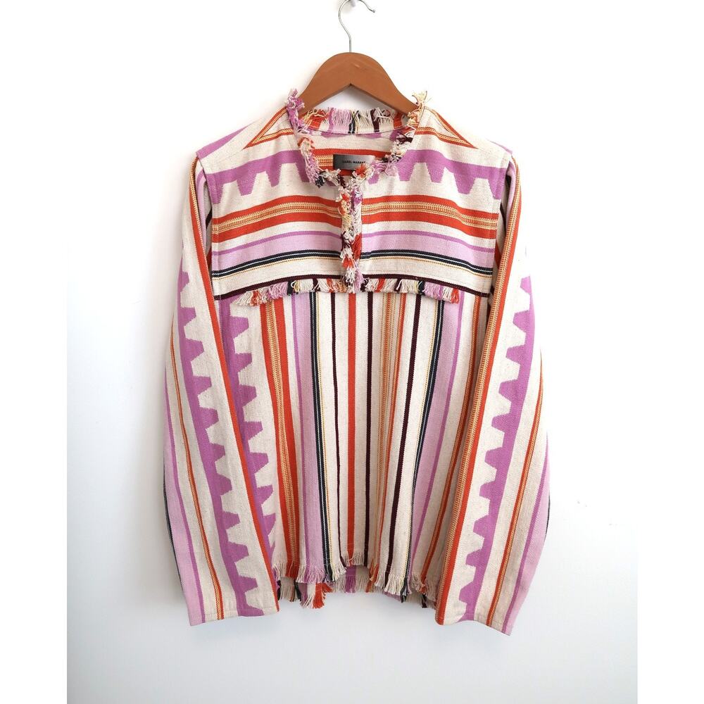 ISABEL MARANT Pilano Cotton Linen Fringe Stripe Blanket Top NET-A-PORTER XS $925